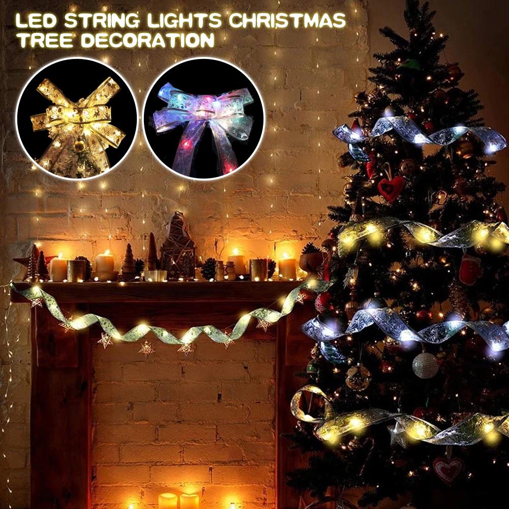 Led Fairy Strings Lights Christmas Tree Decoration Ribbon Bows Christmas Tree Ornaments Xmas New Year Party Navidad